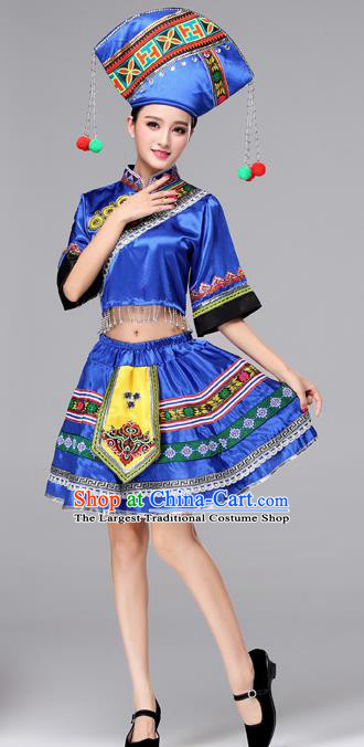 Chinese Traditional Zhuang Nationality Female Costume Ethnic Folk Dance Bride Blue Short Pleated Skirt for Women