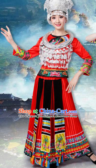 Chinese Traditional Miao Nationality Female Costume Ethnic Folk Dance Bride Red Long Pleated Skirt for Women