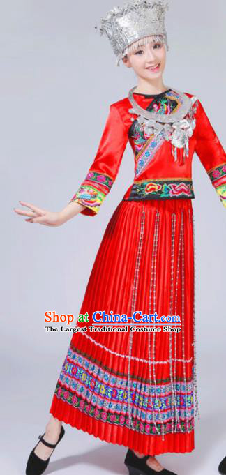 Chinese Traditional Miao Nationality Female Costume Ethnic Folk Dance Bride Red Pleated Skirt for Women