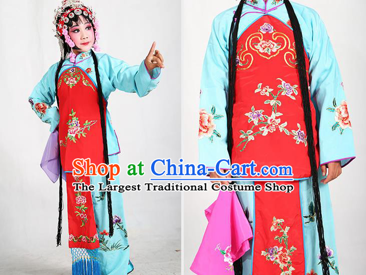 Traditional Chinese Beijing Opera Children Blue Costume Peking Opera Maidservants Red Vest Clothing for Kids