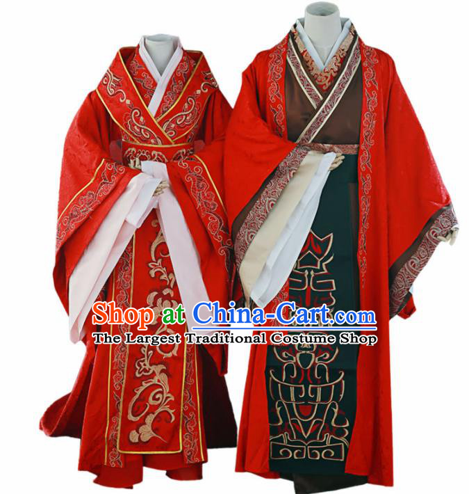 Traditional Chinese Han Dynasty Red Hanfu Dress Ancient Bride and Bridegroom Wedding Historical Costume Complete Set