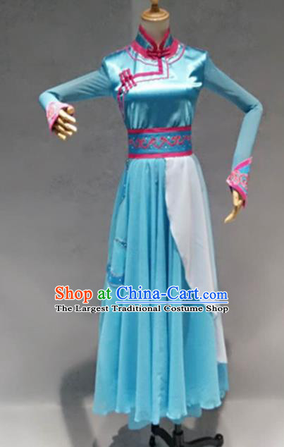Traditional Chinese Mongol Nationality Costume Mongolion Female Folk Dance Ethnic Blue Dress for Women