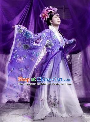 Traditional Chinese Tang Dynasty Imperial Consort Purple Embroidered Dress Ancient Imperial Concubine Historical Costume