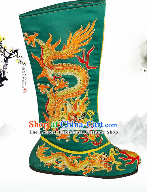 Asian Chinese Beijing Opera Shoes Emperor Green Embroidered Boots Traditional Peking Opera Shoes