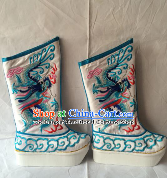 Asian Chinese Beijing Opera Takefu Embroidered Blue Dragon Boots Ancient Emperor Shoes for Men