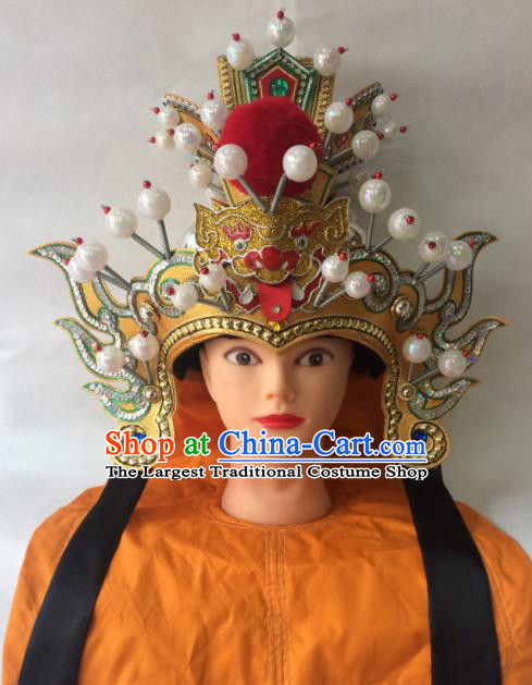 Asian Chinese Traditional Beijing Opera Royal Highness Headwear Ancient General Golden Helmet Hat for Men