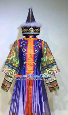 Asian Chinese Traditional Folk Dance Costume Mongolian Ethnic Dance Blue Dress for Women