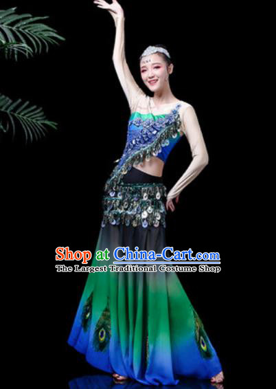 Chinese Traditional Ethnic Dance Costume Dai Nationality Peacock Dance Green Dress for Women