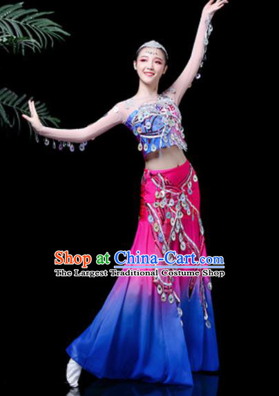 Chinese Traditional Ethnic Dance Costume Dai Nationality Peacock Dance Rosy Dress for Women