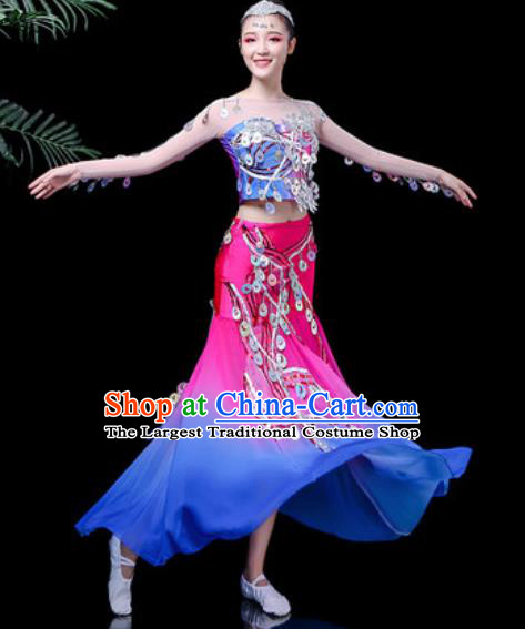 Chinese Traditional Ethnic Dance Costume Dai Nationality Peacock Dance Rosy Dress for Women
