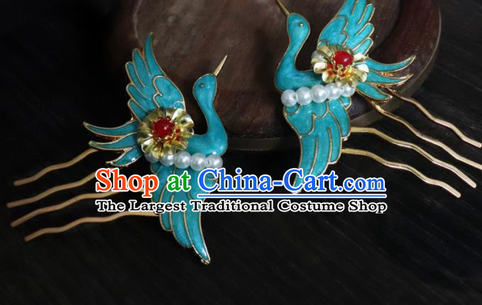 Chinese Ancient Palace Hair Accessories Qing Dynasty Queen Blueing Crane Hair Combs for Women