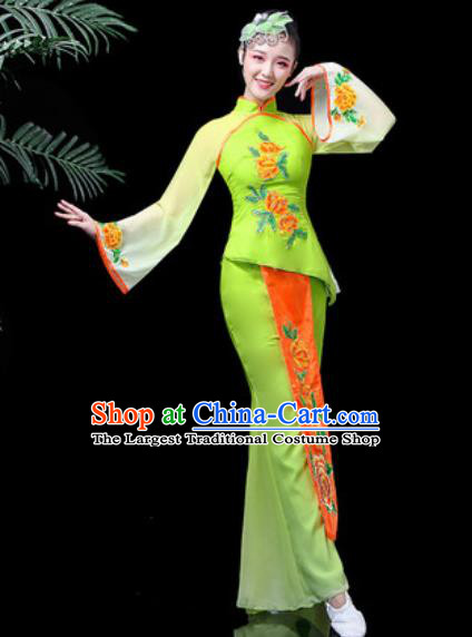 Traditional Chinese Stage Performance Folk Dance Costume Fan Dance Green Clothing for Women