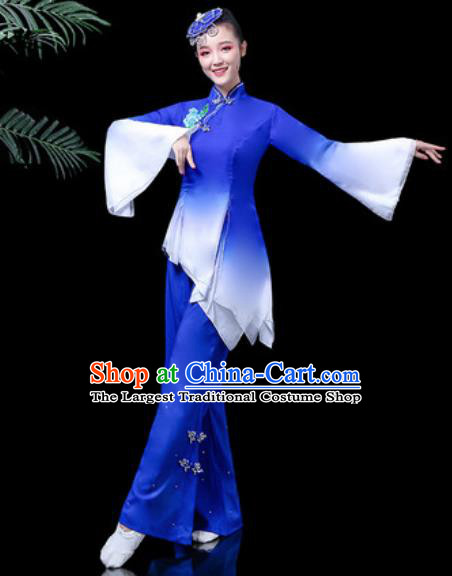Traditional Chinese Stage Performance Folk Dance Costume Fan Dance Royalblue Clothing for Women