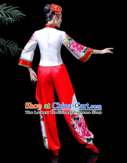 Traditional Chinese Stage Performance Costume Folk Dance Fan Dance Printing Peony Clothing for Women