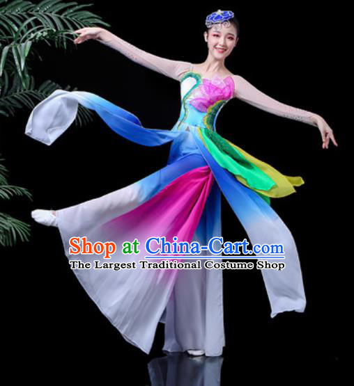 Traditional Chinese Classical Dance Stage Performance Costume Umbrella Dance Blue Dress for Women