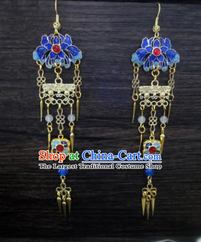 Chinese Ancient Palace Jewelry Accessories Traditional Classical Hanfu Blueing Lotus Tassel Earrings for Women