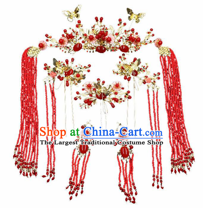 Chinese Ancient Hair Accessories Traditional Wedding Classical Agate Hair Crown Tassel Hairpins for Women