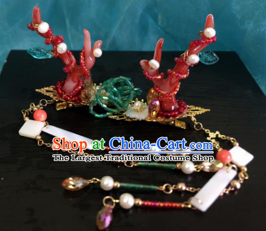 Chinese Ancient Hanfu Hair Accessories Traditional Red Dragon Horn Hair Claws Hairpins for Women