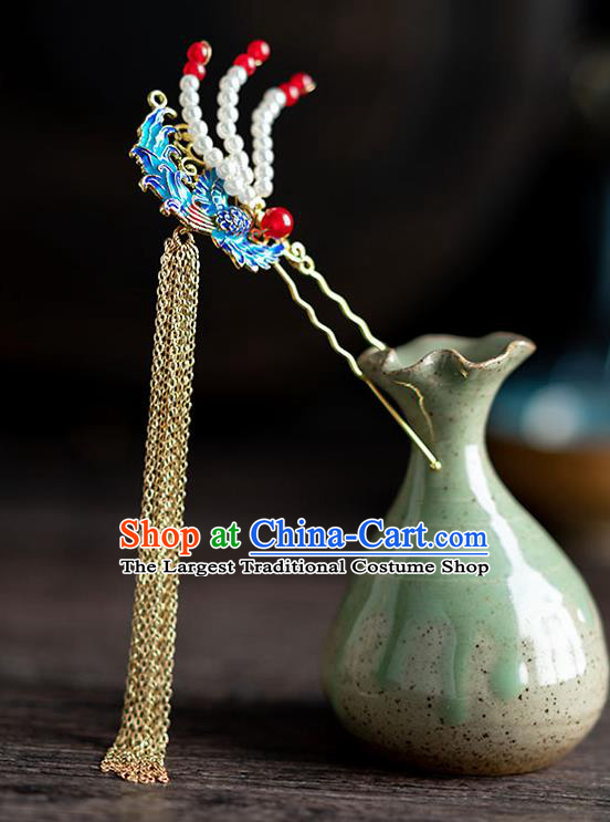 Chinese Ancient Hanfu Hair Accessories Traditional Wedding Blueing Phoenix Tassel Hairpins for Women