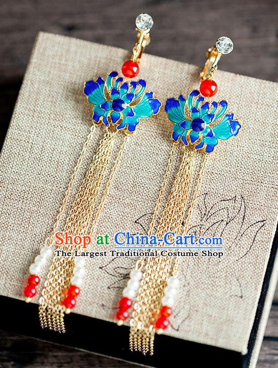 Chinese Ancient Hanfu Jewelry Accessories Traditional Wedding Tassel Blueing Lotus Earrings for Women