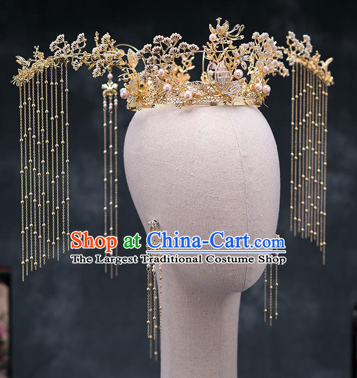 Chinese Ancient Wedding Hair Accessories Traditional Bride Hanfu Hairpins Golden Pineburst Phoenix Coronet for Women