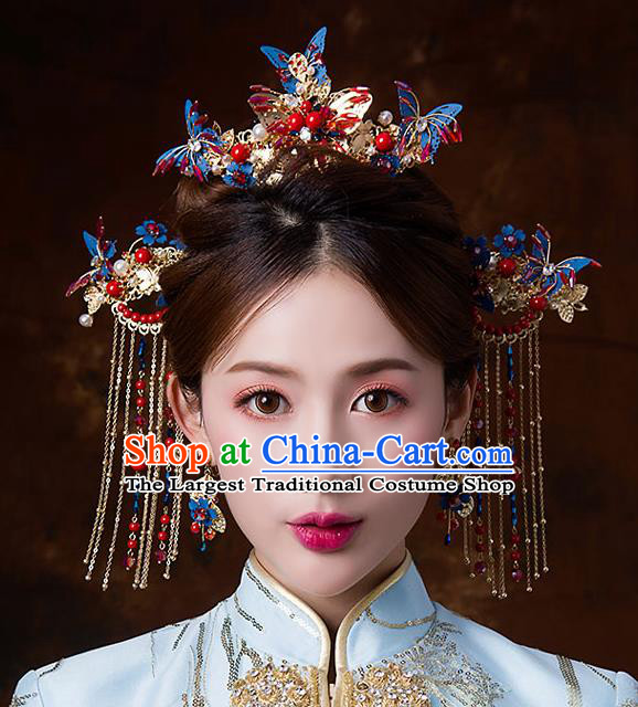 Chinese Ancient Queen Blue Butterfly Phoenix Coronet Hair Accessories Traditional Hanfu Tassel Hairpins for Women