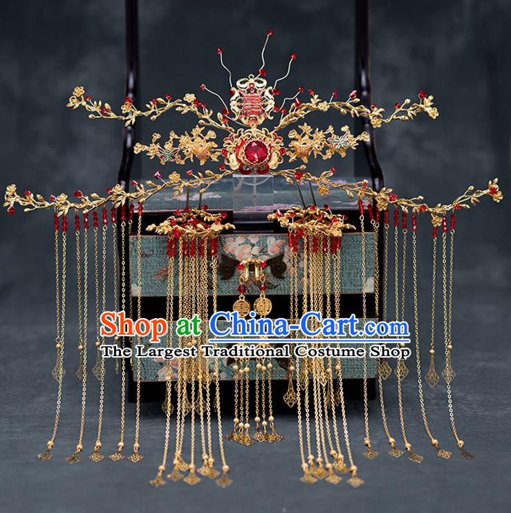 Chinese Ancient Wedding Red Crystal Phoenix Coronet Traditional Bride Palace Hair Accessories for Women