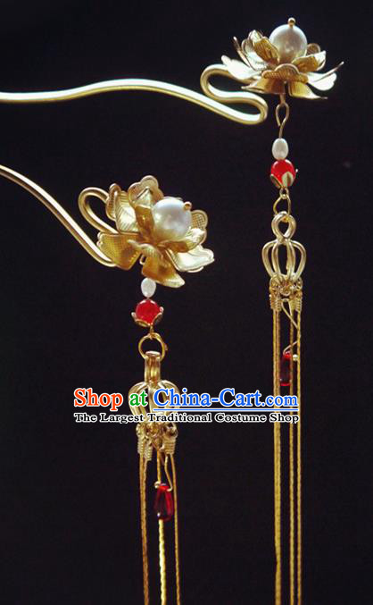 Chinese Ancient Hair Accessories Tassel Step Shake Traditional Bride Hanfu Lotus Hairpins for Women