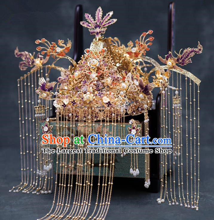 Chinese Ancient Palace Hair Accessories Hairpins Traditional Bride Purple Phoenix Coronet for Women