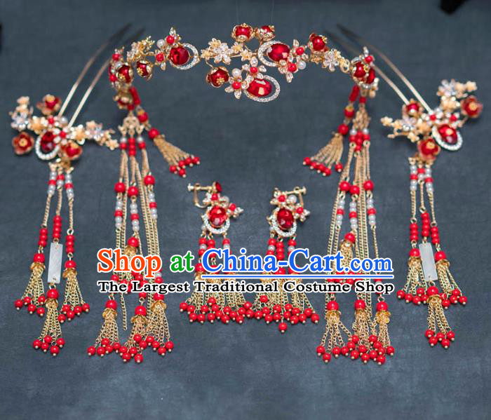 Chinese Ancient Palace Hair Accessories Hairpins Traditional Bride Red Crystal Hair Clasp for Women