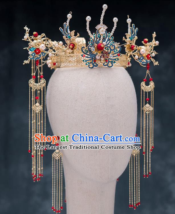 Chinese Ancient Bride Cloisonne Phoenix Coronet Traditional Wedding Hair Accessories Hanfu Hairpins for Women