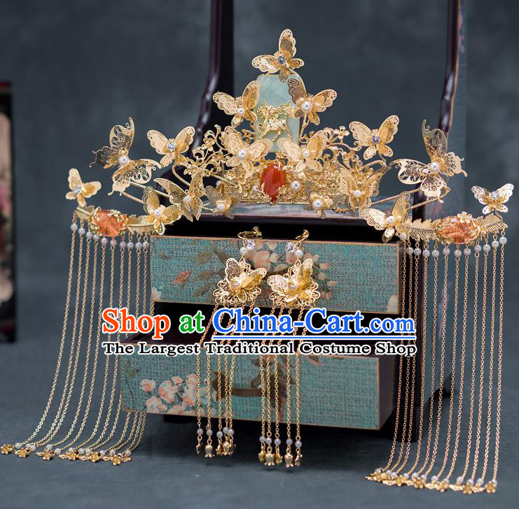 Traditional Chinese Ancient Bride Wedding Jade Phoenix Coronet Hair Accessories for Women