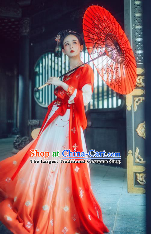 Chinese Traditional Tang Dynasty Princess Replica Costume Ancient Peri Red Embroidered Dress for Women