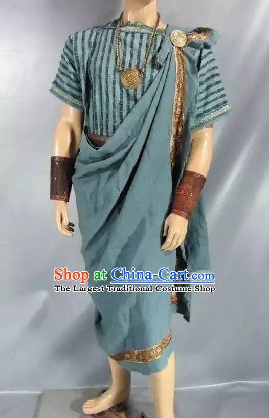 Traditional Greek Male Costume Ancient Greek Warrior Clothing Huntsman Blue Chitons for Men
