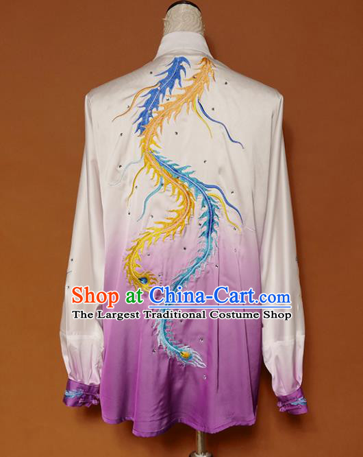 Top Group Kung Fu Costume Tai Ji Training Embroidered Phoenix Purple Uniform Clothing for Women