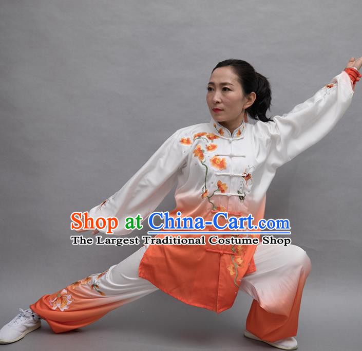 Top Tai Ji Training Embroidered Orange Uniform Kung Fu Group Competition Costume for Women