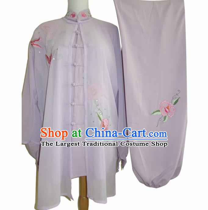 Chinese Traditional Tai Chi Embroidered Peony White Uniform Kung Fu Group Competition Costume for Women