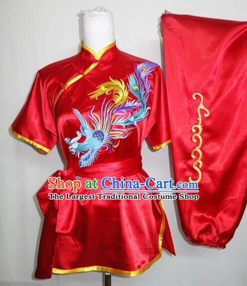 Chinese Traditional Tai Chi Embroidered Phoenix Red Uniform Kung Fu Group Competition Costume for Women