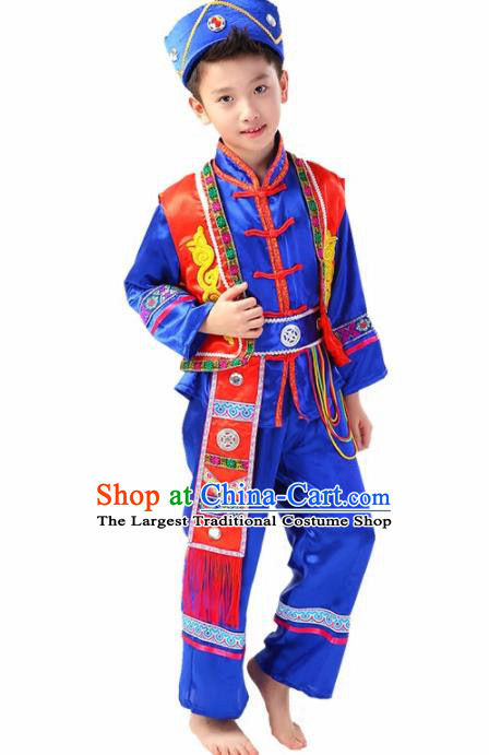Chinese Traditional Ethnic Costume Wa Nationality Folk Dance Royalblue Clothing for Kids