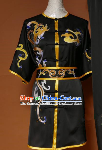Top Kung Fu Group Competition Costume Martial Arts Wushu Embroidered Black Uniform for Men