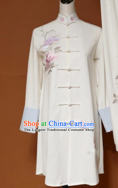 Chinese Traditional Tai Chi Training Embroidered Butterfly Peony White Uniform Kung Fu Group Competition Costume for Women