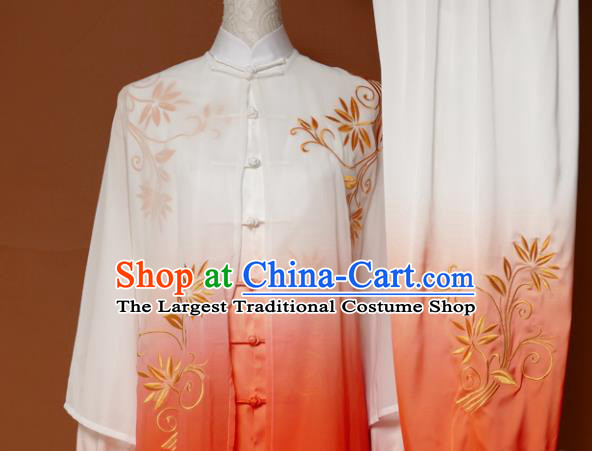 Chinese Traditional Tai Chi Training Embroidered Orange Uniform Kung Fu Group Competition Costume for Women