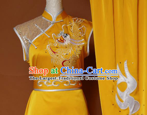 Top Kung Fu Group Competition Costume Martial Arts Wushu Embroidered Dragon Golden Uniform for Men