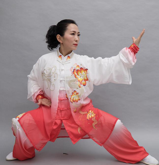 Top Group Kung Fu Costume Tai Ji Training Embroidered Peony Rosy Uniform Clothing for Women