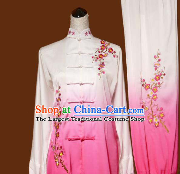 Chinese Traditional Tai Chi Embroidered Plum Blossom Pink Uniform Kung Fu Group Competition Costume for Women
