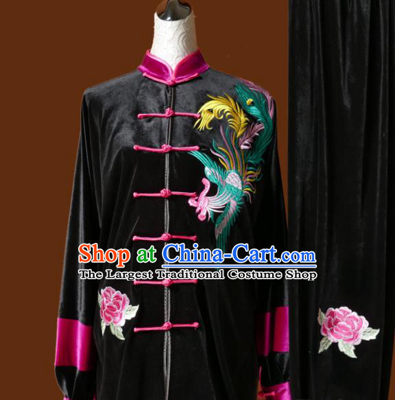 Chinese Traditional Tai Chi Embroidered Phoenix Black Velvet Uniform Kung Fu Group Competition Costume for Women