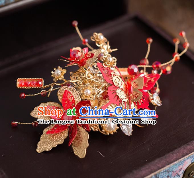 Chinese Ancient Handmade Red Butterfly Hair Crown Bride Tassel Hairpins Traditional Classical Wedding Hair Accessories for Women