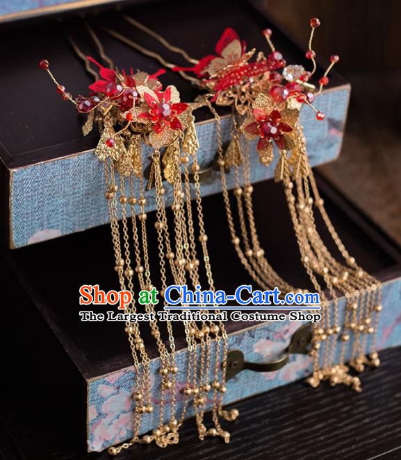 Chinese Ancient Handmade Red Butterfly Hair Crown Bride Tassel Hairpins Traditional Classical Wedding Hair Accessories for Women