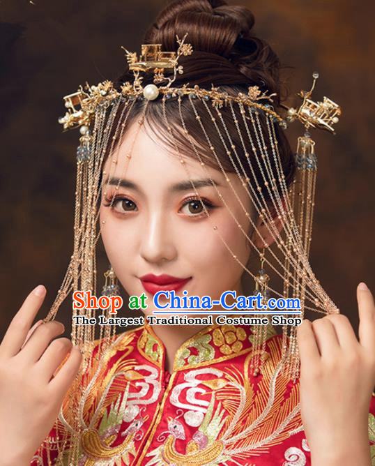 Chinese Ancient Bride Tassel Face Curtain Hairpins Traditional Wedding Hair Accessories for Women