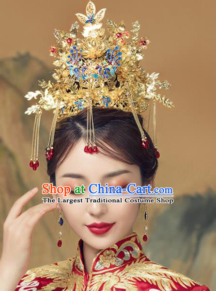 Chinese Ancient Bride Golden Phoenix Coronet Hairpins Traditional Wedding Hair Accessories for Women